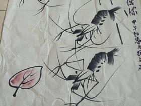 王振文水墨国画《对虾图》（霜落林端万壑幽,白云红叶入溪流、甲午阳春月）2014年（著名深圳硬笔国画画家、纸本尺寸: 50×100 cm）