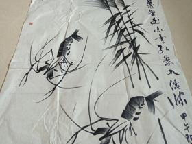 王振文水墨国画《对虾图》（霜落林端万壑幽,白云红叶入溪流、甲午阳春月）2014年（著名深圳硬笔国画画家、纸本尺寸: 50×100 cm）