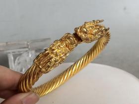 乡下收的清代老铜鎏金龙头手镯