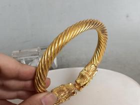 乡下收的清代老铜鎏金龙头手镯