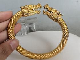 乡下收的清代老铜鎏金龙头手镯