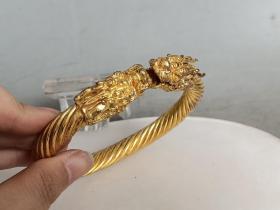 乡下收的清代老铜鎏金龙头手镯