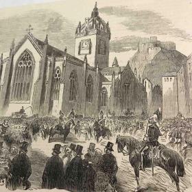 19世纪木刻《在爱丁堡圣吉尔斯大教堂前宣读感恩节和平宣言》——后背纸张42*30厘米，木刻纸张24.3*16厘米