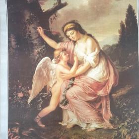 旧藏挂历《世界名画》维纳斯的诞生，爱神与普赛克，画家和她女儿，富裕的寓意。