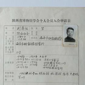 1983年西安市钟鼓楼保管所刘遵祖手写《陕西省博物馆学会个人会员入会申请表》1页