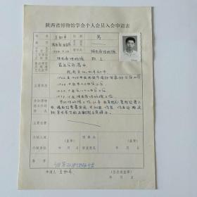 80年代陕西省博物馆王和平手写《陕西省博物馆学会个人会员入会申请表》1页