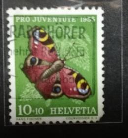 外国邮票（动物/昆虫）：瑞士1955 Pro Juventute  Inachis io蝴蝶邮票1枚