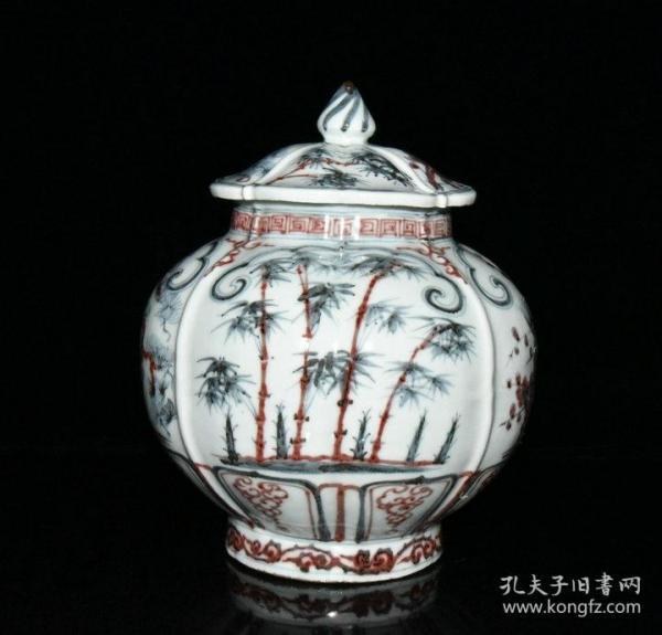 明洪武青花釉里红松竹梅盖罐