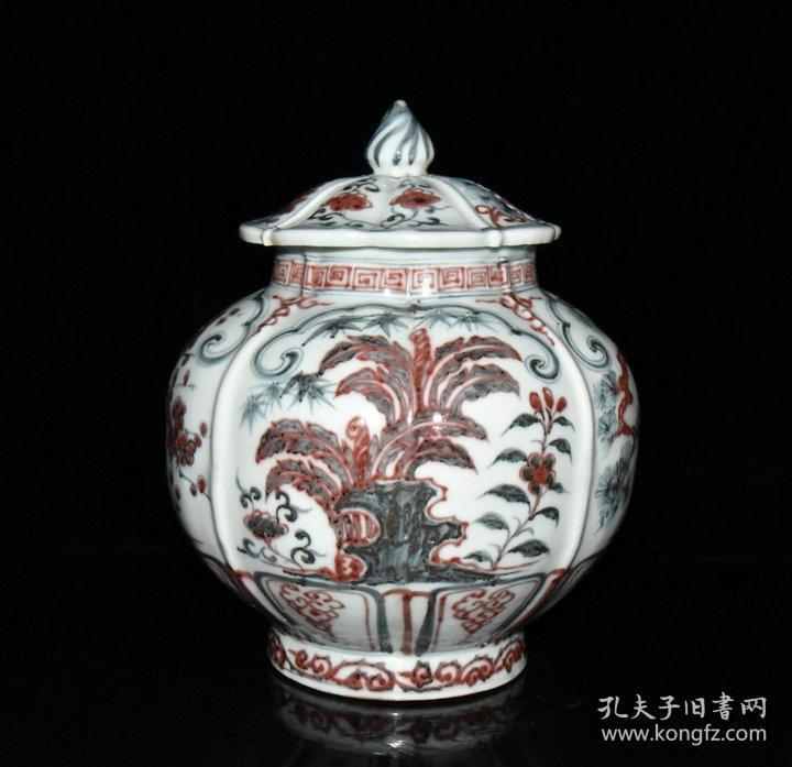 明洪武青花釉里红松竹梅盖罐