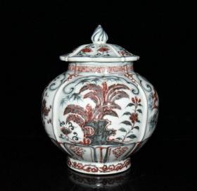 明洪武青花釉里红松竹梅盖罐