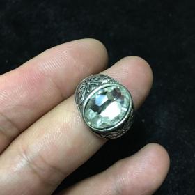 一枚价，藏银戒指指环，镶嵌仿白锆石面戒指，内径1.9