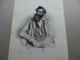 【百元包邮】 《艺术家肖像：约瑟夫·克瑞胡波》（PORTRAIT） 1881年 铜凹版腐蚀版画  纸张尺寸约34.5×26厘米。出自19世纪著名奥地利肖像画家、石版画先驱，约瑟夫·克瑞胡波（Josef Kriehuber，1800–1876）作于1852年的石版画自画像 -- 维也纳艺术画廊出版出品。