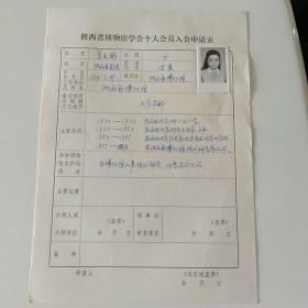 80年代陕西省博物馆景亚鹏手写《陕西省博物馆学会个人会员入会申请表》1页