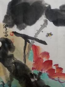 保真书画，当代著名画家马海方精美国画《荷塘清趣》一幅，尺寸69×69cm