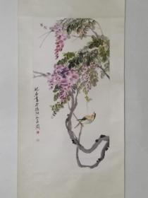 保真书画，扬州画家金砚石精美国画一幅，原装裱立轴，画心尺寸68×34cm（注:我画廊所有作品标注尺寸都是画心尺寸）