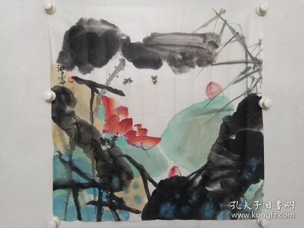 保真书画，当代著名画家马海方精美国画《荷塘清趣》一幅，尺寸69×69cm