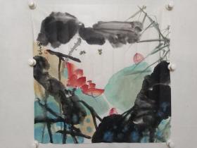 保真书画，当代著名画家马海方精美国画《荷塘清趣》一幅，尺寸69×69cm