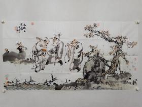 保真书画，山东名家于受万四尺整纸国画精品《虎溪三笑》一幅。
于受万，国画名家， 1943年生，中国美术家协会会员，山东省中国画学会顾问，山东省美术家协会人物画艺委会顾问，文化部东方文化艺术院国画研究院名誉院长，《中国艺术》杂志学术编委,山东理工大学兼职教授。