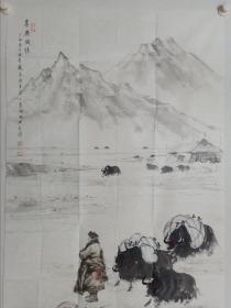 保真书画，刘文清四尺整纸国画《高原风情》一幅，刘文清，  (1954.4—),男，山东曹县人，浙江传媒学院影视动画学院院长，浙江传媒学院教授。