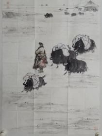 保真书画，刘文清四尺整纸国画《高原风情》一幅，刘文清，  (1954.4—),男，山东曹县人，浙江传媒学院影视动画学院院长，浙江传媒学院教授。