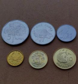 塞舌尔硬币6枚套 (1.5.10.25分1.5卢比) 直径约16-29mm 年份随机