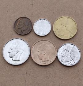 比利时硬币6个套(50分.1.5.10.20.50法郎)约18-27mm 年份版本随机