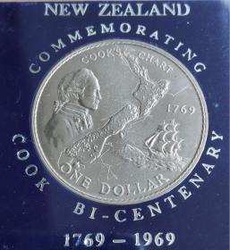 1969年新西兰1克朗库克船长登陆200周年纪念币 硬币直径约38mm