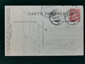 1906年瑞士因特拉肯少女峰实寄明信片，黑白摄影版，上面有红色色邮票和漂亮的外文手写体，至今一百多年保存完好，非常难得。
因特拉肯，是瑞士伯尔尼州的一个城市，是世界著名的旅游城市。因特拉肯是欧洲瑞士一个由于“欧洲脊梁”少女峰而闻名于全球，拉丁文的原意即是“两湖之间”，位于图恩湖（LakeThun）及布里恩茨湖（LakeBrienz）之间，又名湖间镇，是一个标准因观光而兴起的城市。