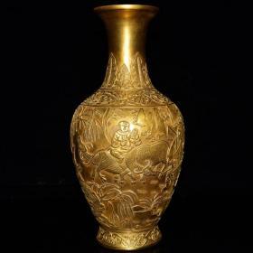 清乾隆年鎏金雕刻农家乐纹花瓶27*13cm