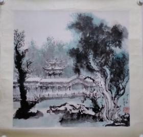 何镜涵（款）山水《亭台楼阁》国画一幅，尺寸：68×68特价处理旧物，不包真假，买家自鉴。