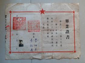 重庆 毕业证书 系列：1954年 重庆市第二十初级中学（重庆育才中学）《毕业证书》1张（学生 华开棋 16岁  照片 压钢印） 盖有 校长 印章。