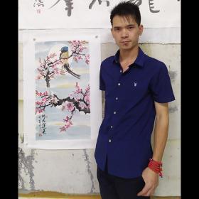 【带合影】当代花鸟画家 朱老师《桃花运来》HN13043。