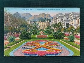 五十年代欧洲城市花园建筑明信片，彩色摄影版，上面有漂亮的外文手写体，六十多年至今保存完好，非常难得。