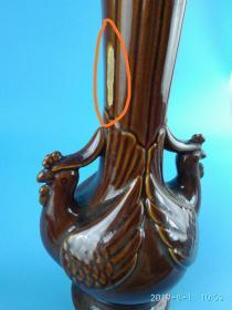 80年代博山窑酱釉凤凰耳花瓶摆件（有缩釉）