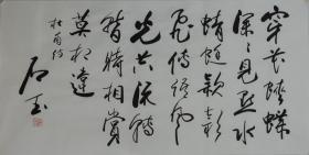 穿花蛱蝶.约98*49cm.赵石玉，1978年生于山东长清，中国书法学术研究会理事，中国文化艺术管理中心副秘书长，自幼酷爱书法，潜心学艺，临池不辍。书艺风格追求：大气飘逸，以字抒怀。现为山东省海右书画院签约书画家，中联艺术传媒书画会员，作品于2012年度被辑入中国邮政科学发展再创辉煌《迎十八大胜利召开主题纪念珍藏邮册　》作品多次获奖，多次参加爱心助学书画义拍活动，为社会做出了贡献。