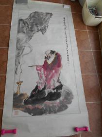 中国国画家【廖俊鸿，国画“高僧达摩面壁”】尺寸：135×69cm