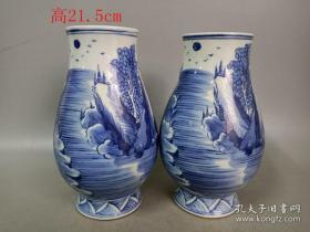 乡下收的清代青花瓷山水瓷瓶一对