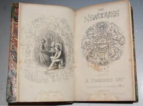【特价】1854年- THACKERAY- THE NEWCOMES 萨克雷名著《纽卡姆一家》(《艺术家生涯》) 罕见初版 绿色3/4摩洛哥羊皮善本2册全  RICHARD DOYLE48桢蚀刻钢板画 大量文内木刻 品上佳