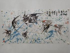 保真书画，广西著名画家吴学斌四尺整纸国画《不惧水面有风波》一幅