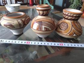 淄博美术陶瓷厂80年代陶罐3件。手绘图案，天然矿物颜料，永不退色！一套打包价190元！
