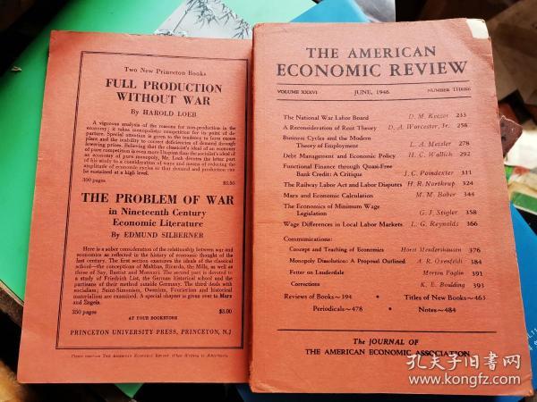 THE AMERICAN ECONOMIC REVIEW VOLUME XXXVI  JUNE,1946 NUMBER THREE         [美国经济评论，1946年3号]280页