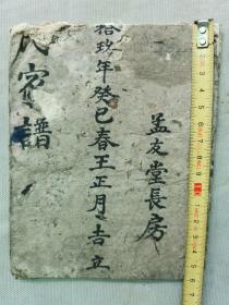 【孔网孤本】清代1893年（光绪19年）线装 手抄宗谱墨谱 孟友堂长房 族谱《？氏家谱》一册！记录了自康熙至光绪的世系。从内容看，是休宁某氏家谱，涉及地名有休宁黄源余氏、太平县裔村汪氏、婺源金竹坑程氏、洪村等