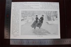 【现货 包邮】1890年小幅木刻版画《冰上舞》(ein stiller winkel)尺寸如图所示（货号400680）注：正反两面均全图