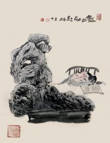【取自本人，终身保真】【王平】中国美术家协会会员，中国水墨艺术家奖获得者，山东水墨漫画艺委会副主任，石岛海草房画院院长。人物画1《书声醉》（47cm×35cm）。