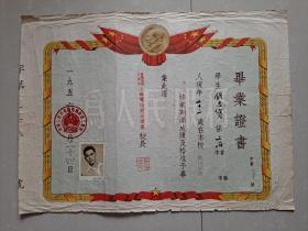 1956年 上海电机制造学校（现 上海电机学院）《毕业证书》1张。校长 张培炎 钤印，盖有 中华人民共和国电机制造工业部 印章、照片压学校钢印。
