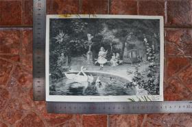 【现货 包邮】1890年小幅木刻版画《在公园里》(in park)尺寸如图所示（货号400693）