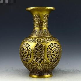 纯铜花瓶镂空花瓶鸟语花香花瓶单个工艺品摆件风水铜器家居装饰品