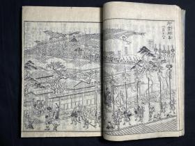 木刻本《拾遗都名所图会》5册全 天明7年（1786年）和刻本 此书为介绍江户时期江户首都京都地区的风土人情，全书大部分木版画和浮世绘，大部分都是京都地区寺庙神社以及百姓庆祝节日时期活动的木版画。由于书中大部分寺庙都被毁于战火和自然灾害，此书对研究江户时期日本的风俗人情和历史建筑有这极大的意义。书中还记载了法国等欧洲人士参加祭典的图画，为后代研究日本和西方早期的接触也提供了帮助。品相完好