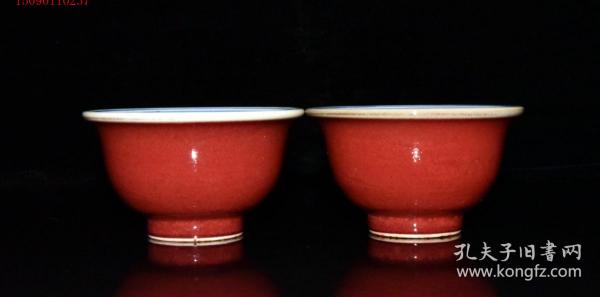 古董古玩老瓷器收藏 明永乐祭红釉青花鸳鸯戏水压手杯9.5*5.5CM