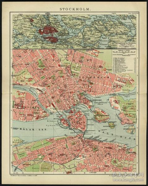 德国1894年古董套色石印版画 布鲁克豪斯 斯德哥尔摩地图